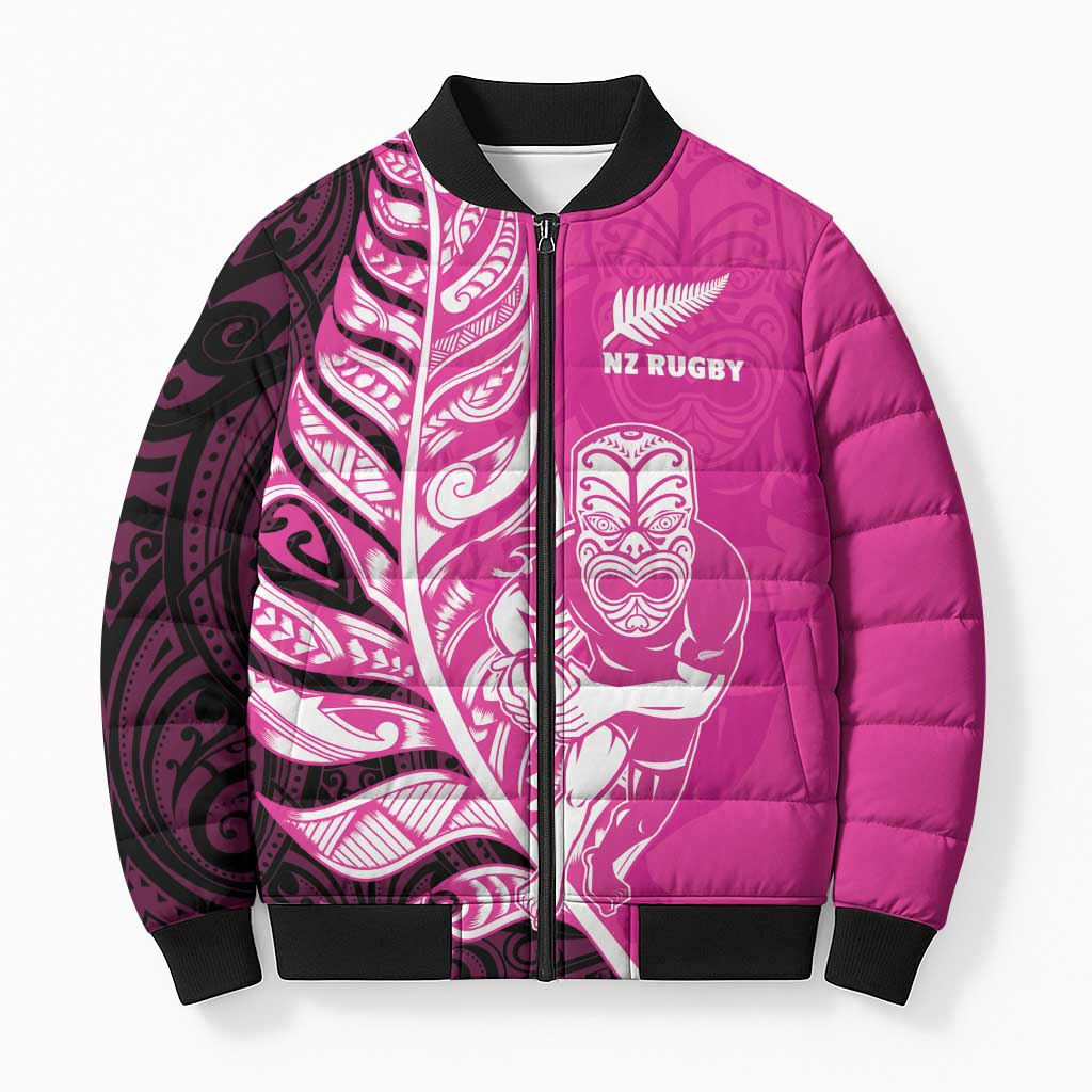 New Zealand Silver Fern Rugby Custom Bomber Puffer Jacket All Black Maori Pattern Pink - Polynesian Pride