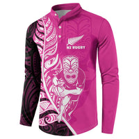 New Zealand Silver Fern Rugby Custom Button Sweatshirt All Black Maori Pattern Pink - Polynesian Pride