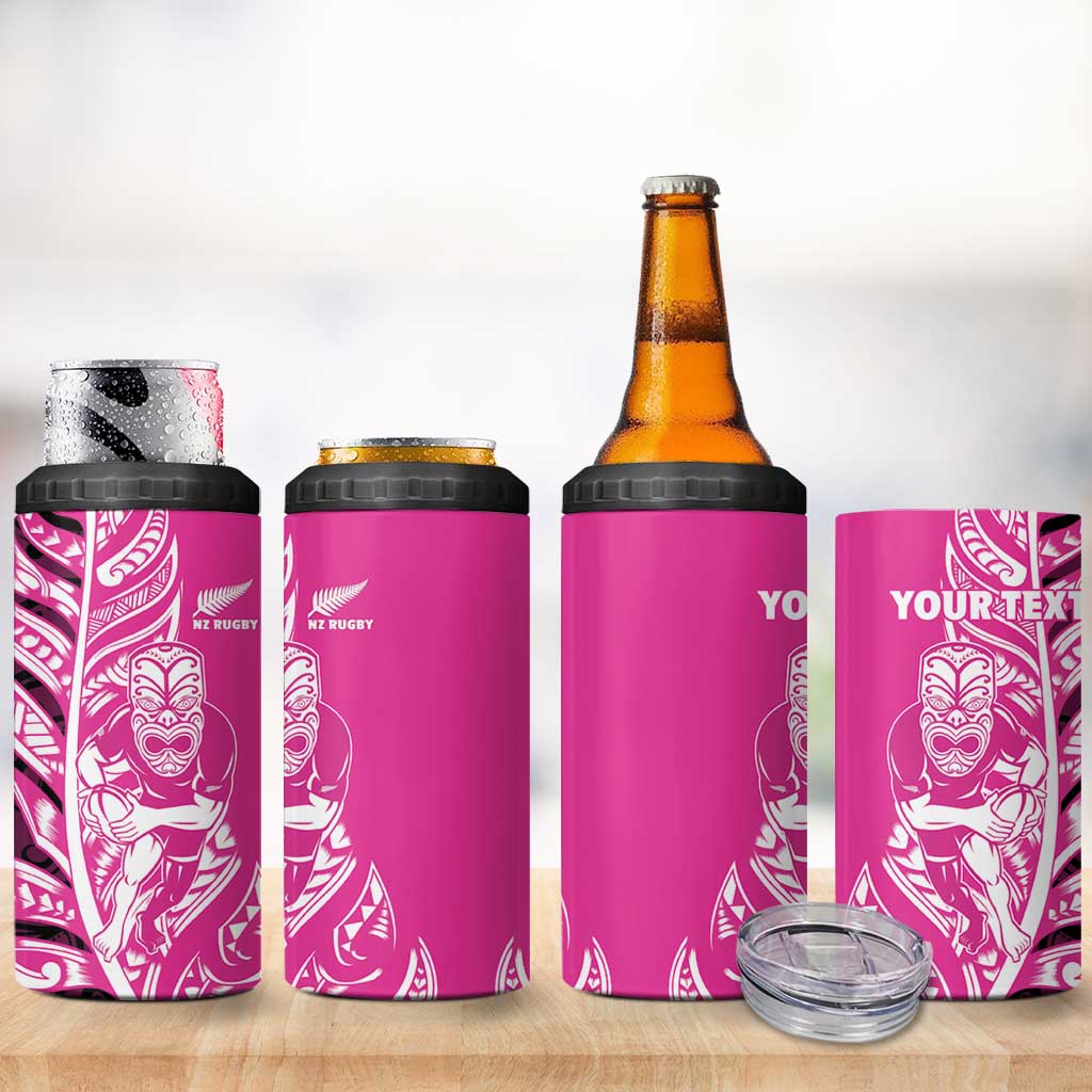 New Zealand Silver Fern Rugby Custom 4 in 1 Can Cooler Tumbler All Black Maori Pattern Pink - Polynesian Pride