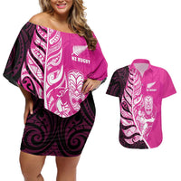New Zealand Silver Fern Rugby Custom Couples Matching Off Shoulder Short Dress and Hawaiian Shirt All Black Maori Pattern Pink - Polynesian Pride