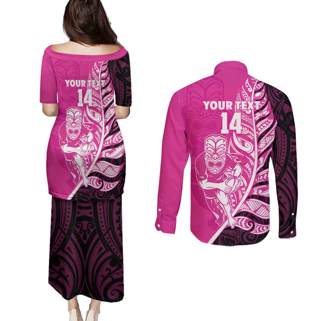 New Zealand Silver Fern Rugby Custom Couples Matching Puletasi and Long Sleeve Button Shirt All Black Maori Pattern Pink - Polynesian Pride