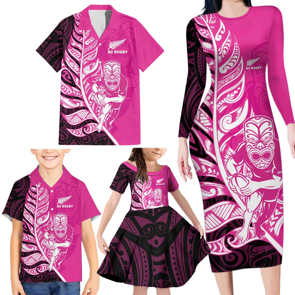New Zealand Silver Fern Rugby Custom Family Matching Long Sleeve Bodycon Dress and Hawaiian Shirt All Black Maori Pattern Pink - Polynesian Pride