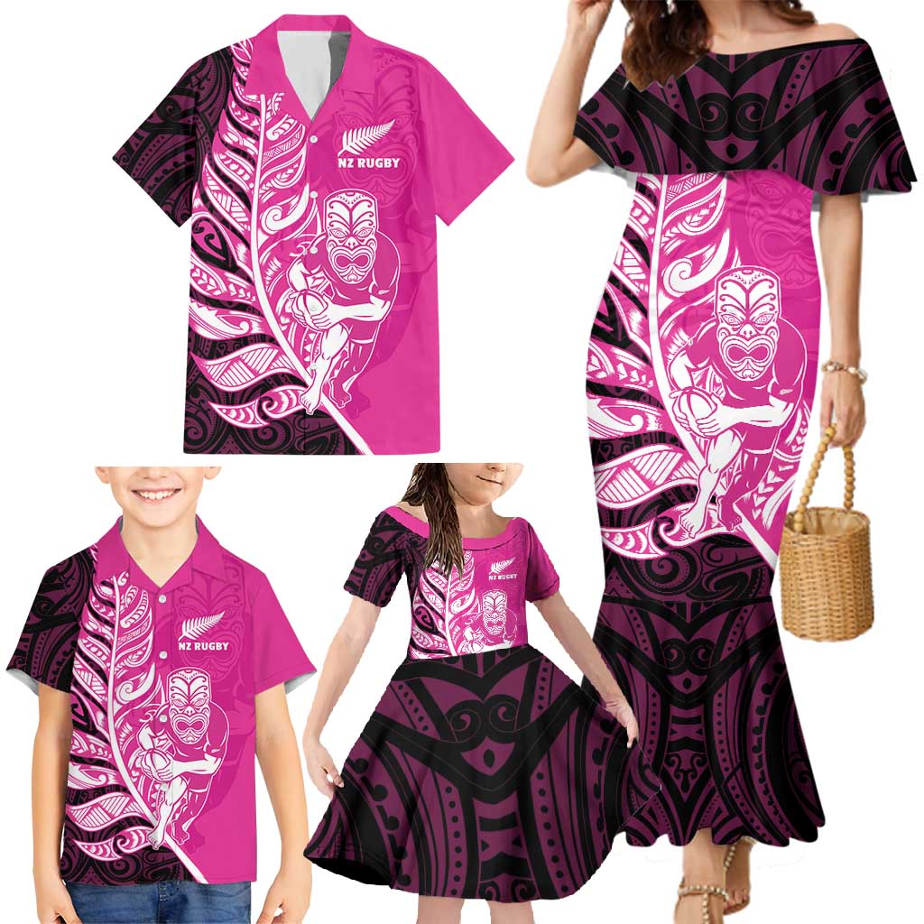 New Zealand Silver Fern Rugby Custom Family Matching Mermaid Dress and Hawaiian Shirt All Black Maori Pattern Pink - Polynesian Pride