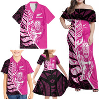 New Zealand Silver Fern Rugby Custom Family Matching Off Shoulder Maxi Dress and Hawaiian Shirt All Black Maori Pattern Pink - Polynesian Pride