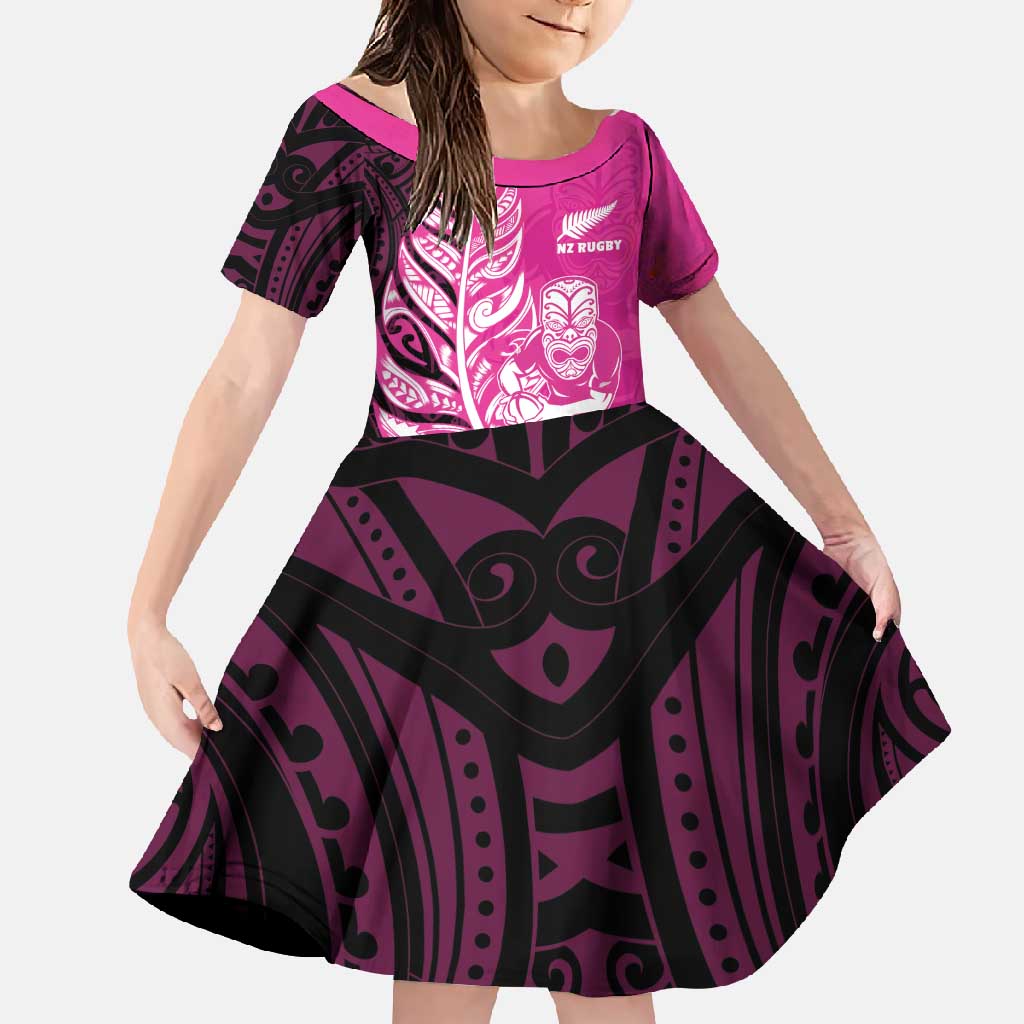 New Zealand Silver Fern Rugby Custom Family Matching Short Sleeve Bodycon Dress and Hawaiian Shirt All Black Maori Pattern Pink - Polynesian Pride