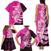 New Zealand Silver Fern Rugby Custom Family Matching Tank Maxi Dress and Hawaiian Shirt All Black Maori Pattern Pink - Polynesian Pride