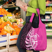 New Zealand Silver Fern Rugby Custom Grocery Bag All Black Maori Pattern Pink - Polynesian Pride