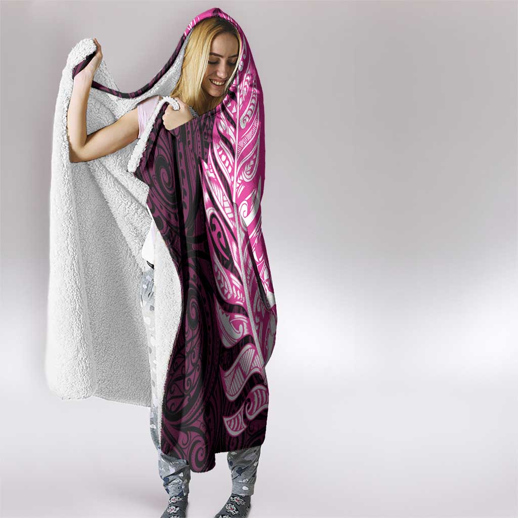 New Zealand Silver Fern Rugby Custom Hooded Blanket All Black Maori Pattern Pink - Polynesian Pride