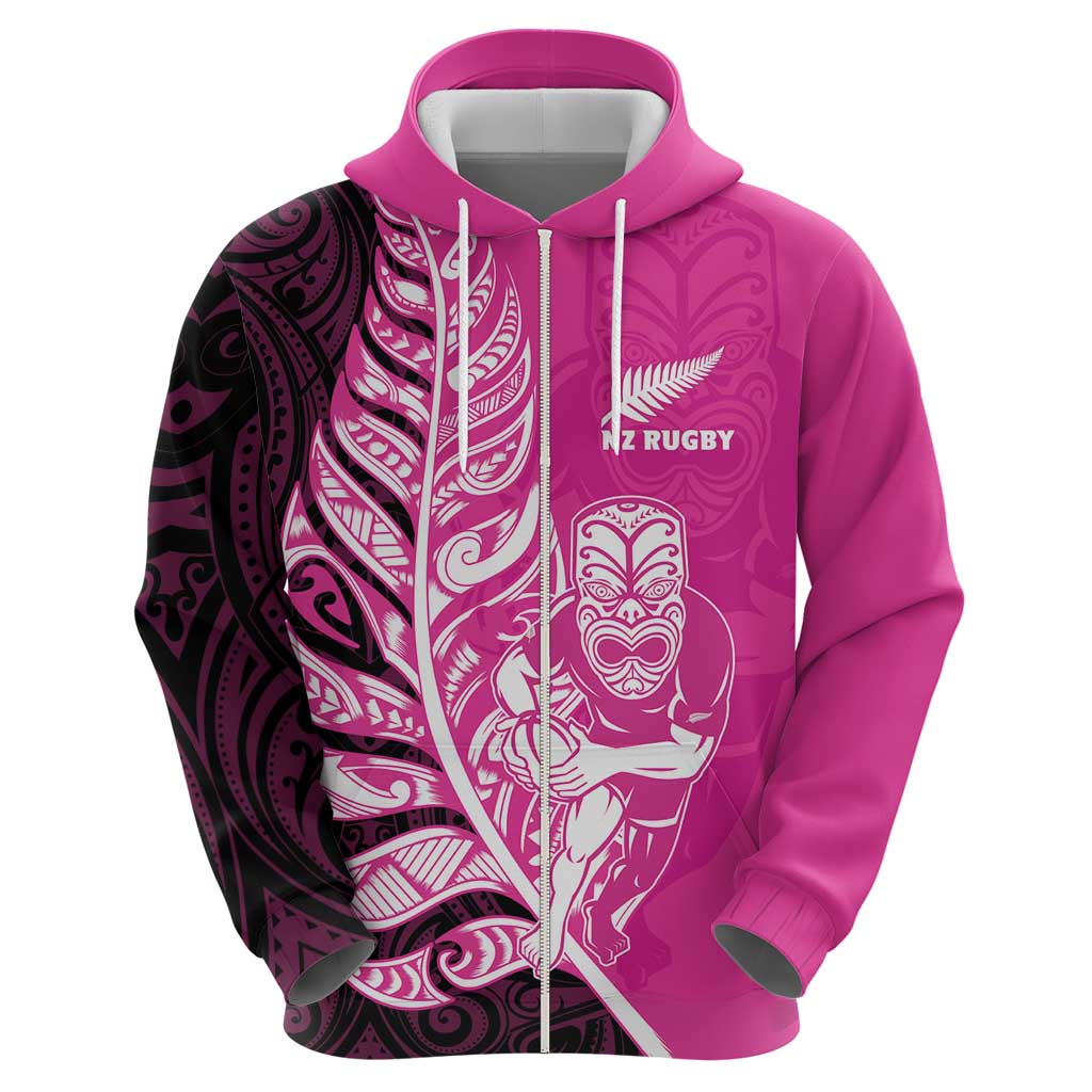New Zealand Silver Fern Rugby Custom Hoodie All Black Maori Pattern Pink - Polynesian Pride