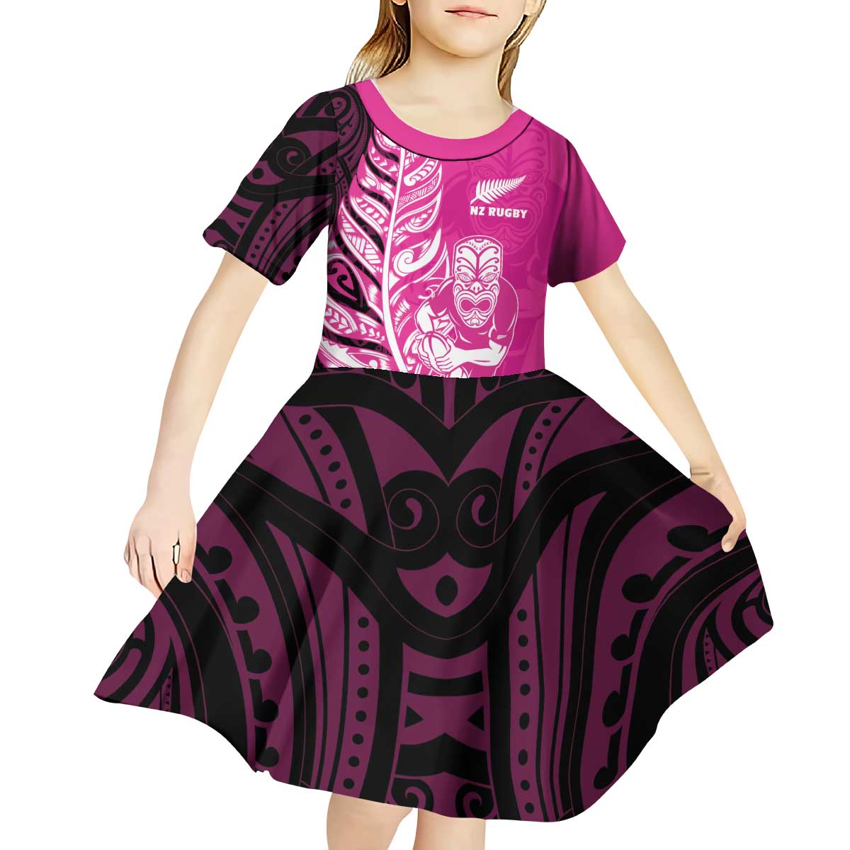 New Zealand Silver Fern Rugby Custom Kid Short Sleeve Dress All Black Maori Pattern Pink - Polynesian Pride
