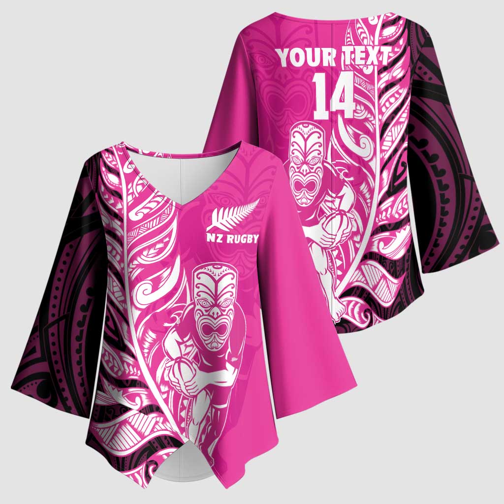 New Zealand Silver Fern Rugby Custom Kimono Sleeve Blouse All Black Maori Pattern Pink - Polynesian Pride