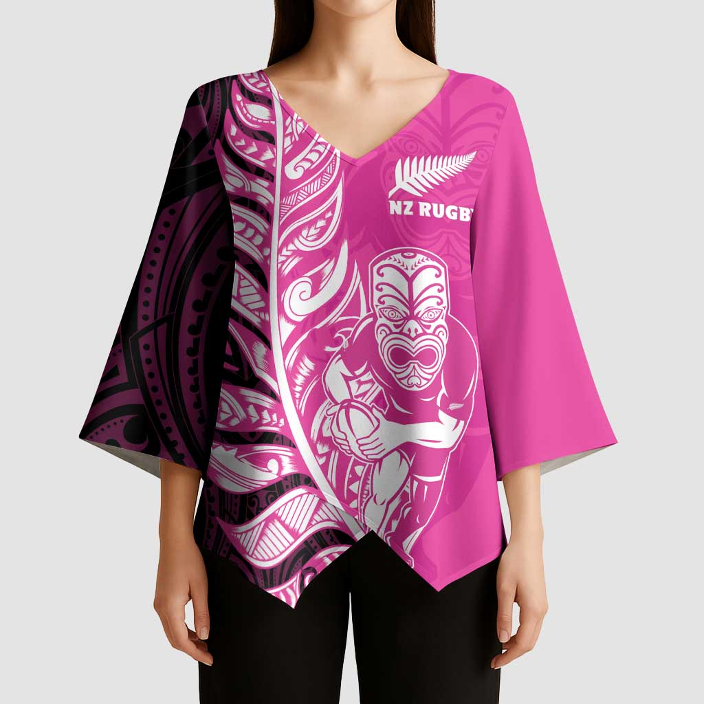 New Zealand Silver Fern Rugby Custom Kimono Sleeve Blouse All Black Maori Pattern Pink - Polynesian Pride