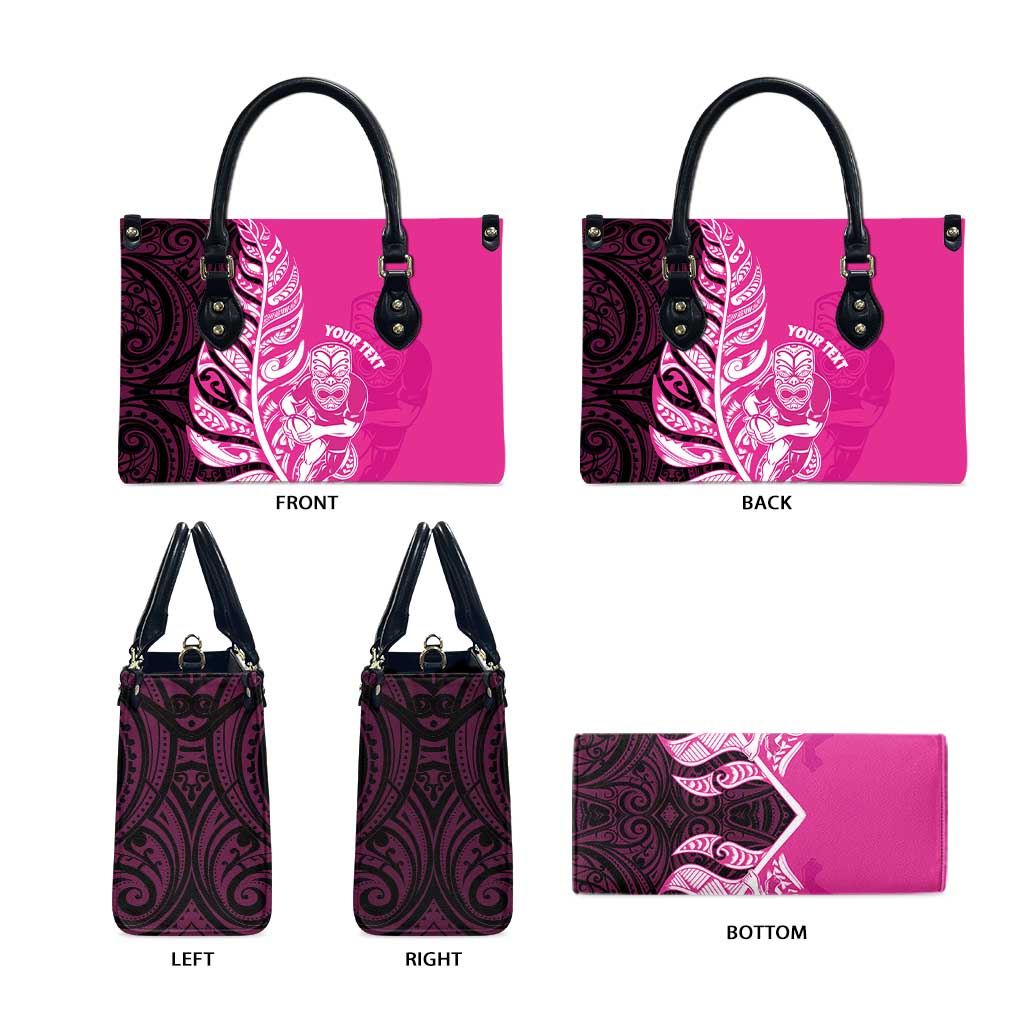 New Zealand Silver Fern Rugby Custom Leather Bag All Black Maori Pattern Pink - Polynesian Pride