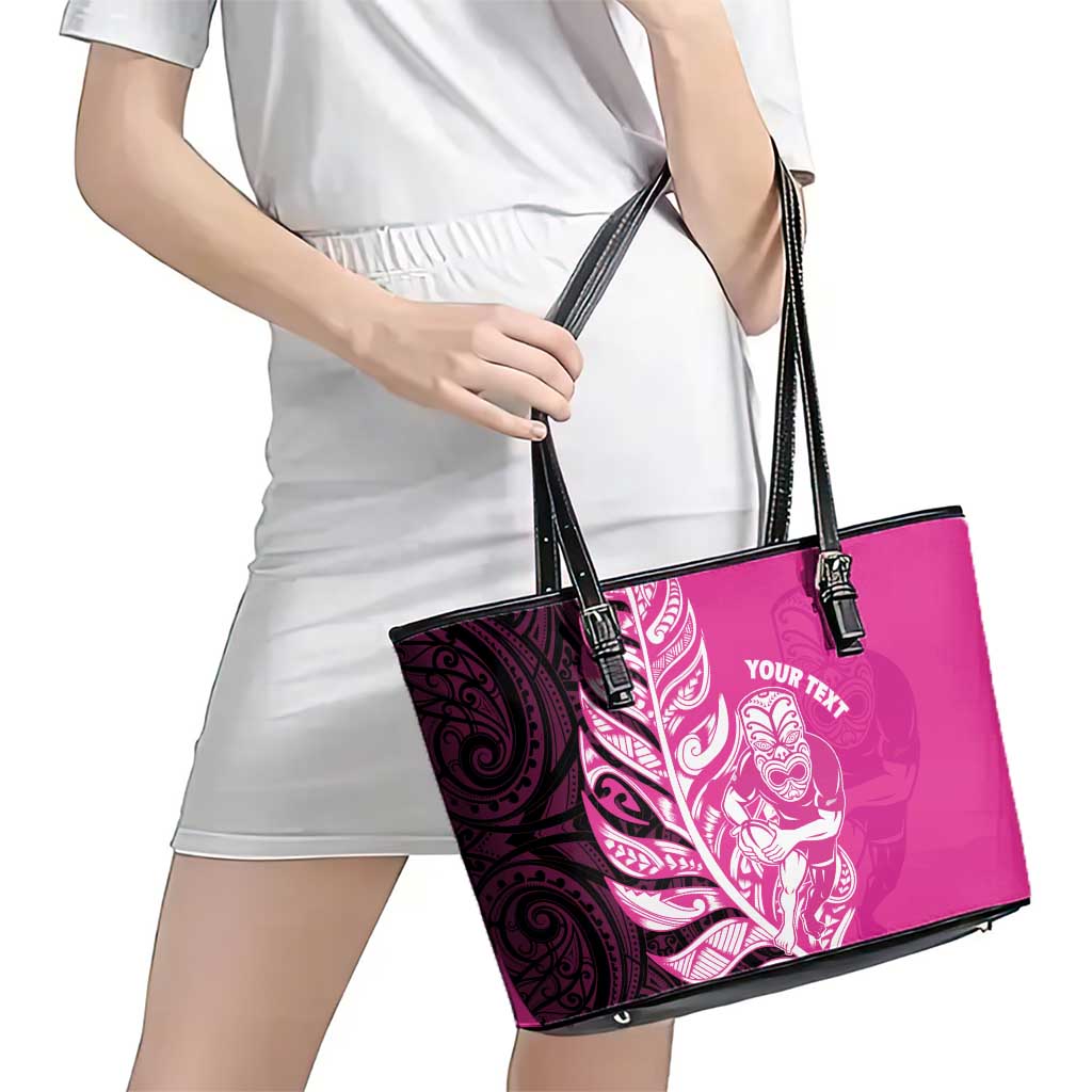 New Zealand Silver Fern Rugby Custom Leather Tote Bag All Black Maori Pattern Pink - Polynesian Pride