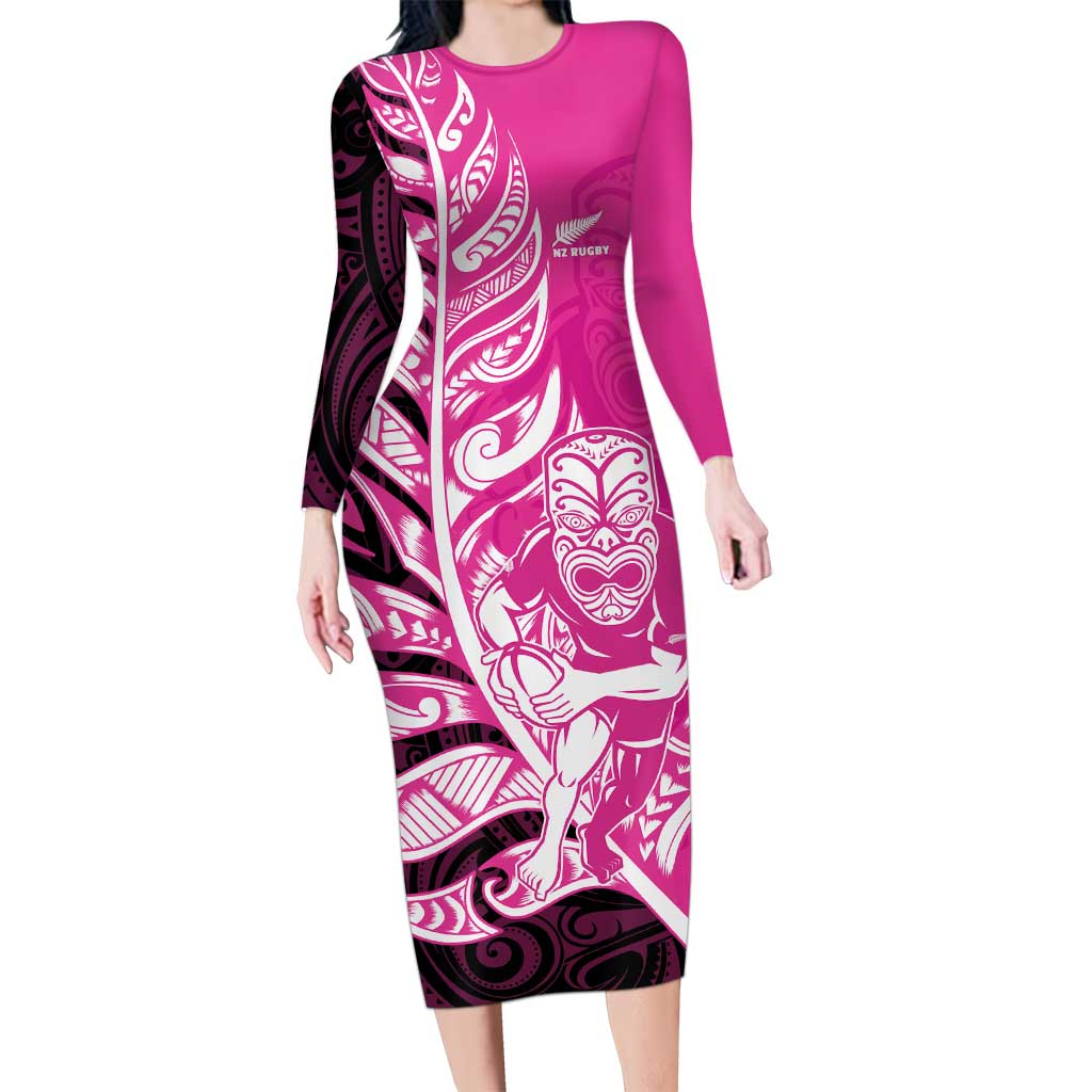 New Zealand Silver Fern Rugby Custom Long Sleeve Bodycon Dress All Black Maori Pattern Pink - Polynesian Pride