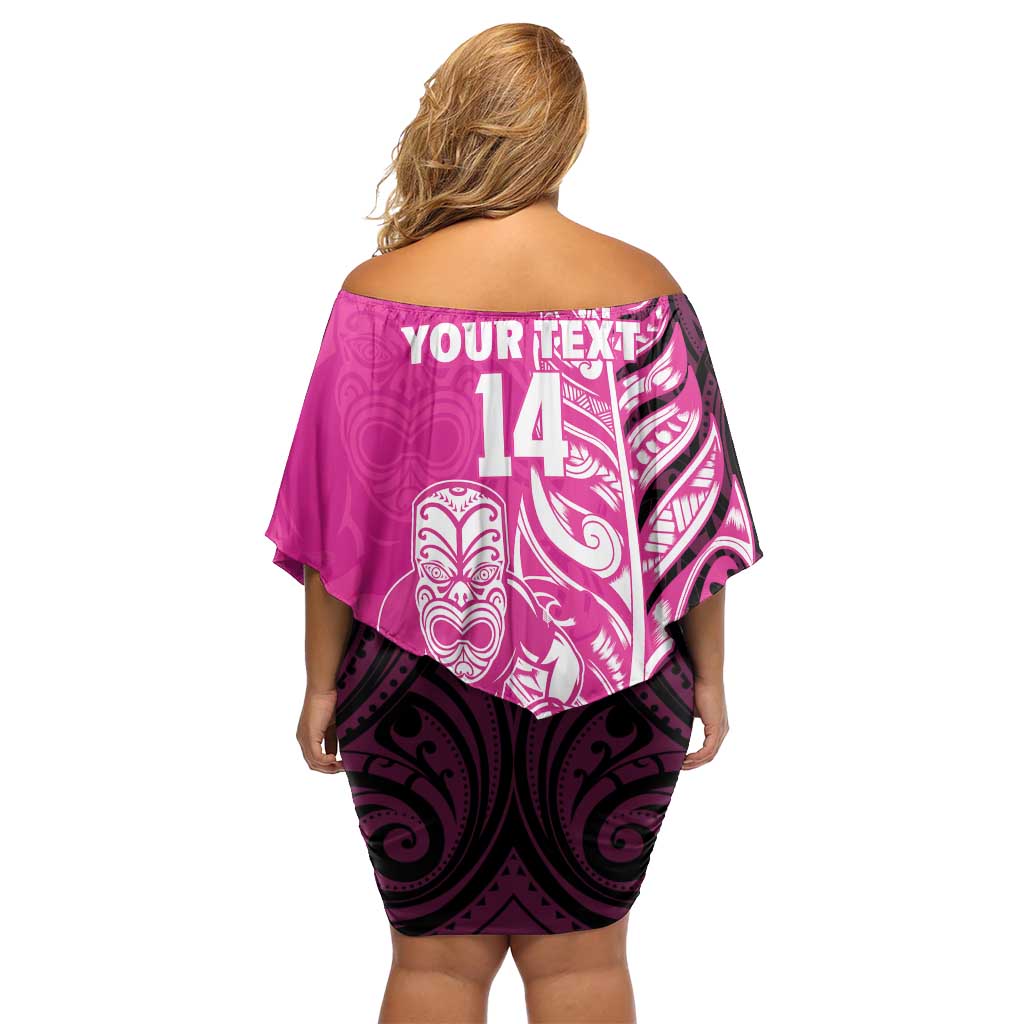 New Zealand Silver Fern Rugby Custom Off Shoulder Short Dress All Black Maori Pattern Pink - Polynesian Pride