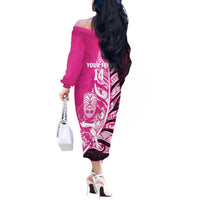 New Zealand Silver Fern Rugby Custom Off The Shoulder Long Sleeve Dress All Black Maori Pattern Pink - Polynesian Pride