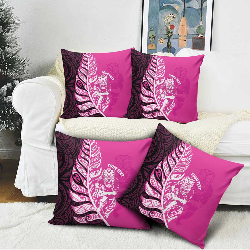 New Zealand Silver Fern Rugby Custom Pillow Cover All Black Maori Pattern Pink - Polynesian Pride