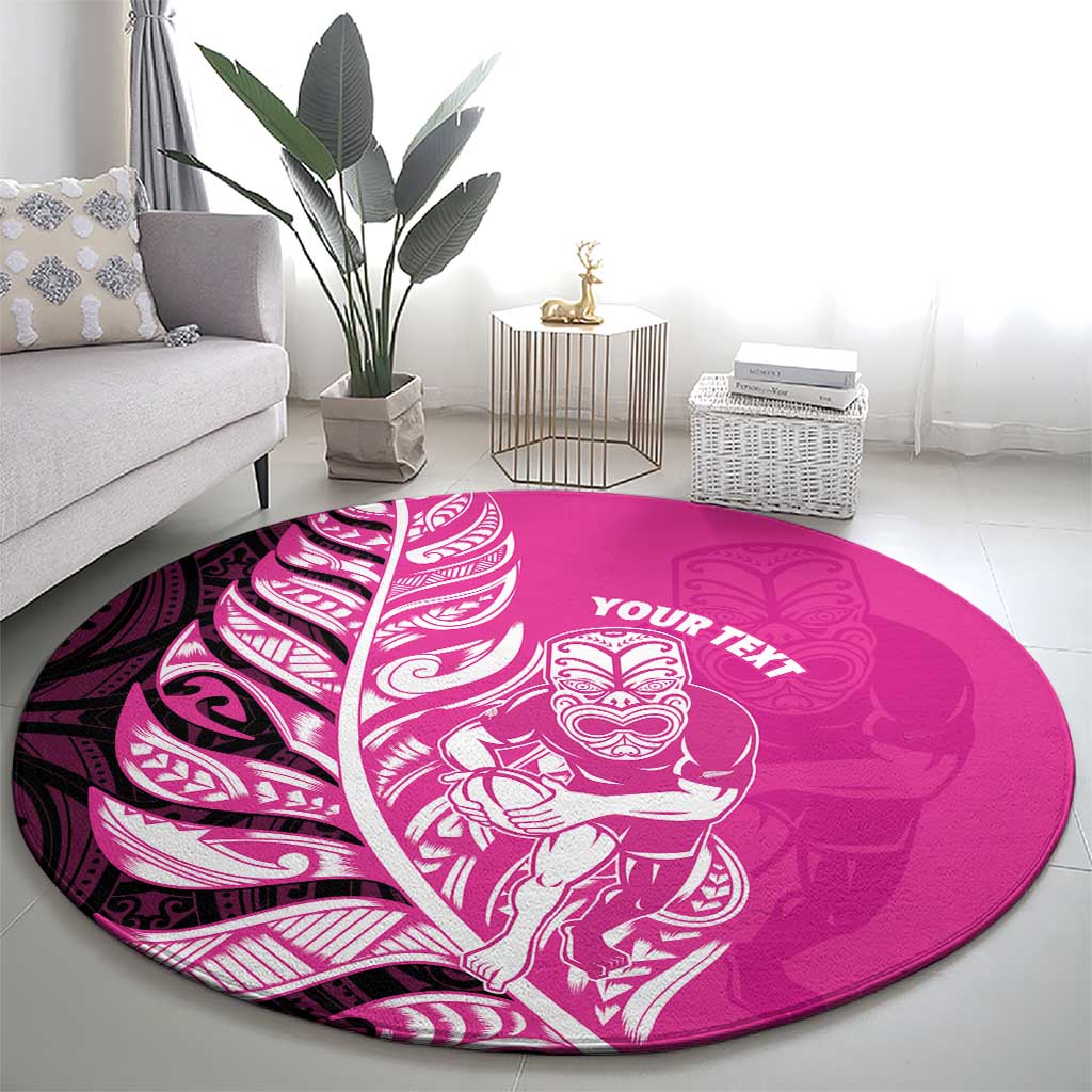 New Zealand Silver Fern Rugby Custom Round Carpet All Black Maori Pattern Pink - Polynesian Pride
