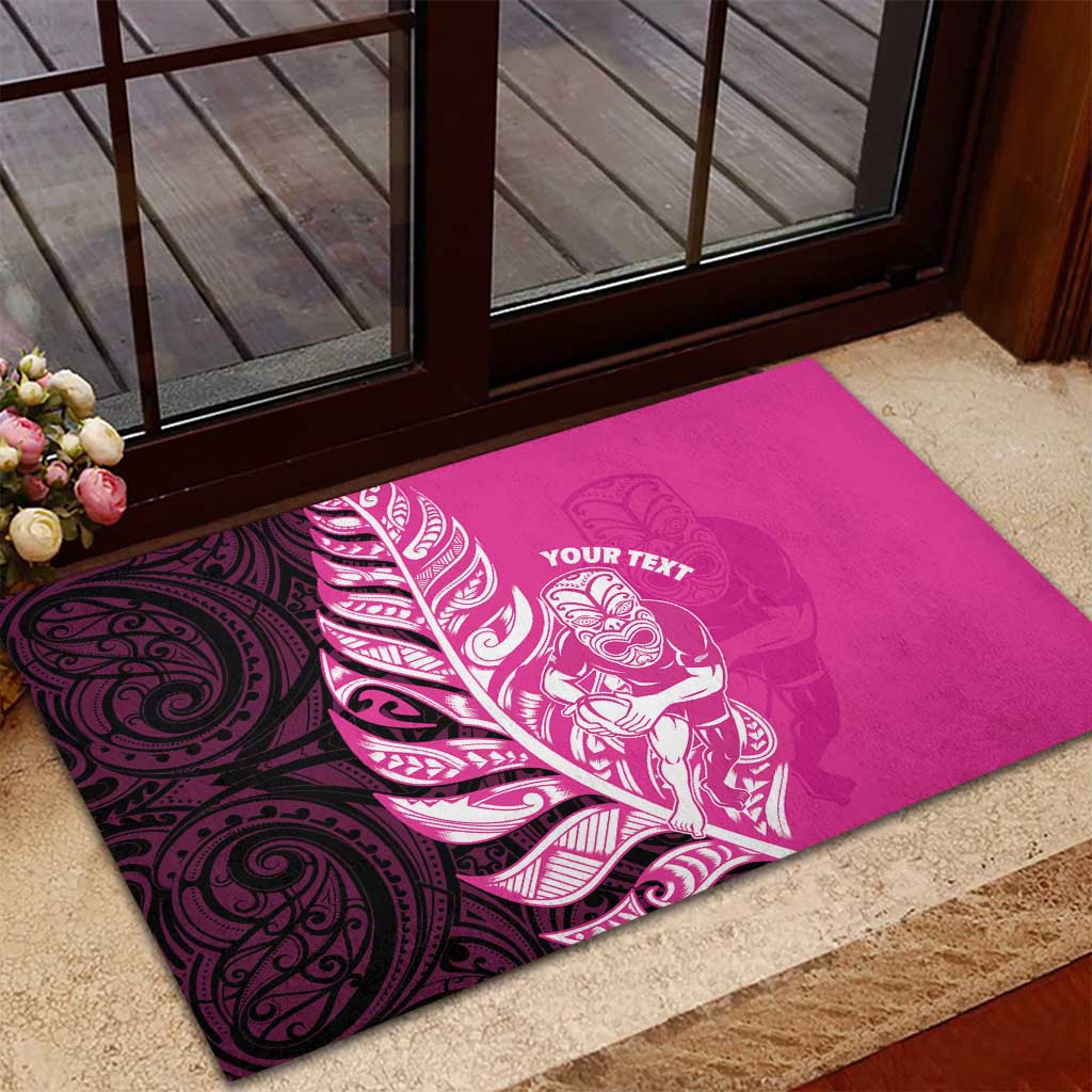 New Zealand Silver Fern Rugby Custom Rubber Doormat All Black Maori Pattern Pink - Polynesian Pride