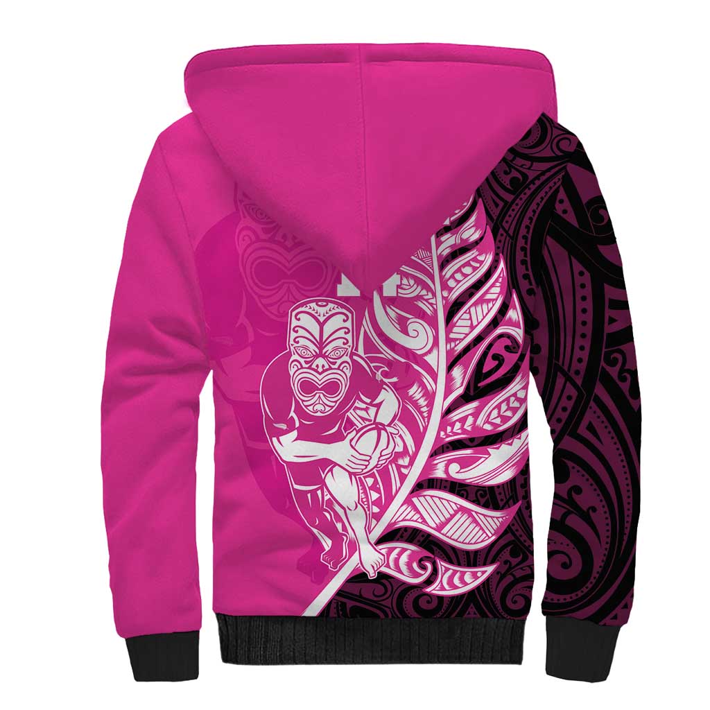 New Zealand Silver Fern Rugby Custom Sherpa Hoodie All Black Maori Pattern Pink - Polynesian Pride