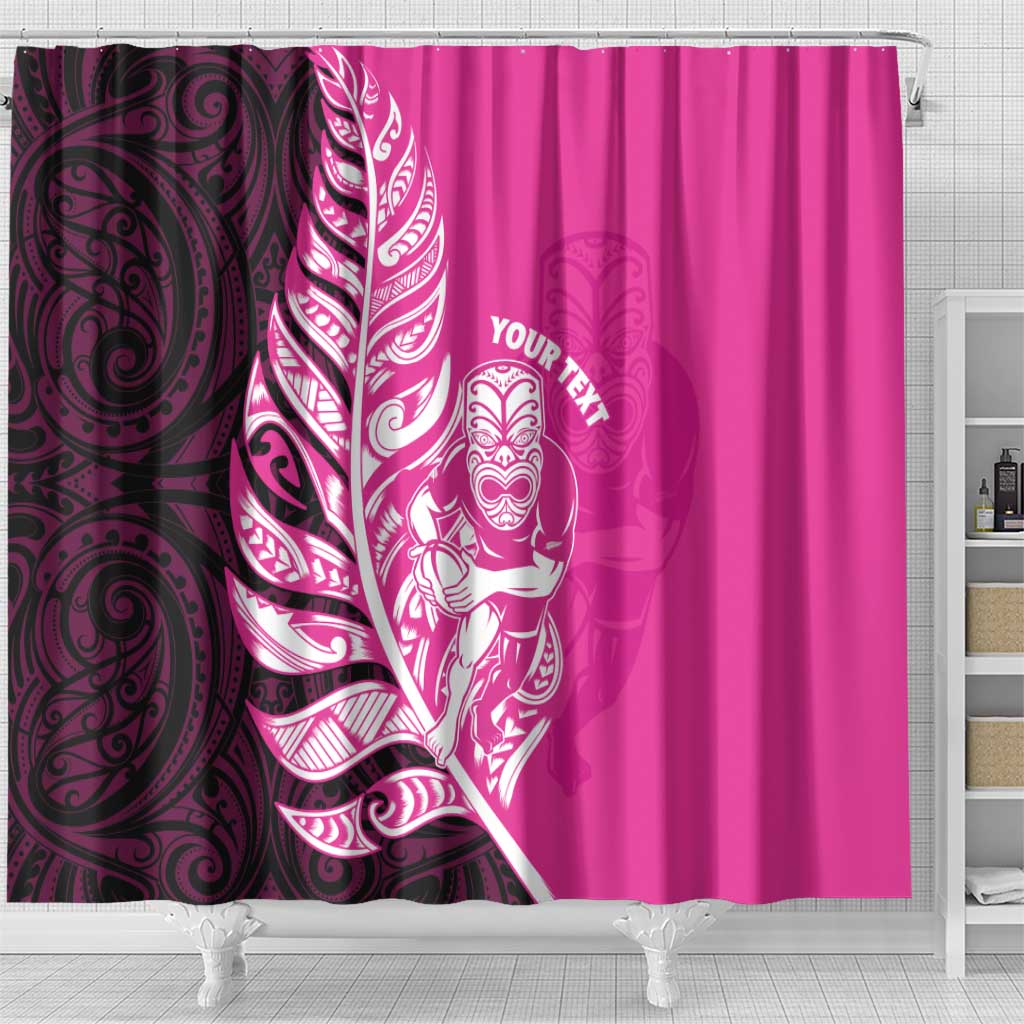 New Zealand Silver Fern Rugby Custom Shower Curtain All Black Maori Pattern Pink - Polynesian Pride