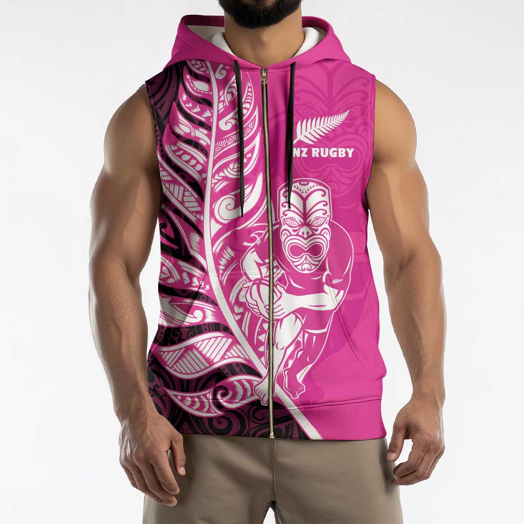New Zealand Silver Fern Rugby Custom Sleeveless Zip Hoodie All Black Maori Pattern Pink - Polynesian Pride