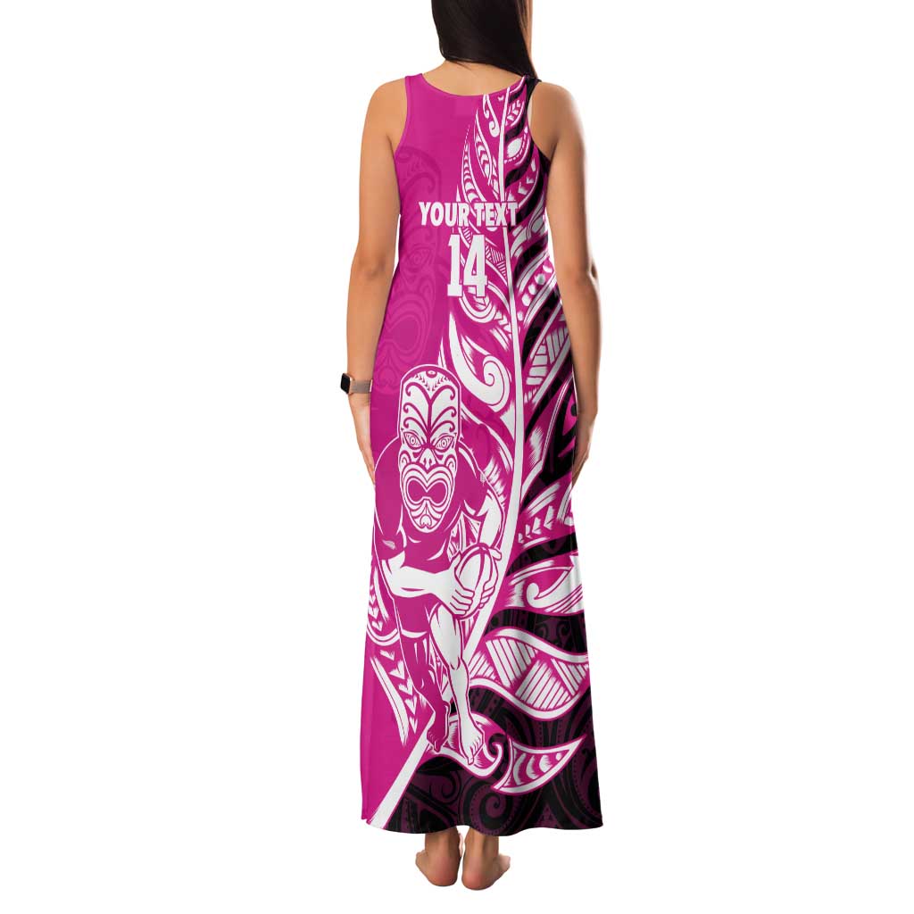 New Zealand Silver Fern Rugby Custom Tank Maxi Dress All Black Maori Pattern Pink - Polynesian Pride