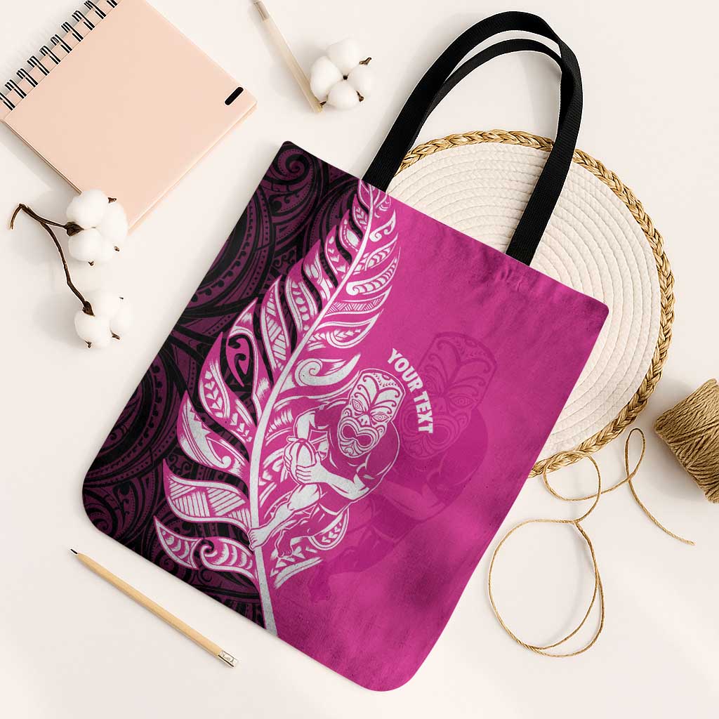 New Zealand Silver Fern Rugby Custom Tote Bag All Black Maori Pattern Pink - Polynesian Pride