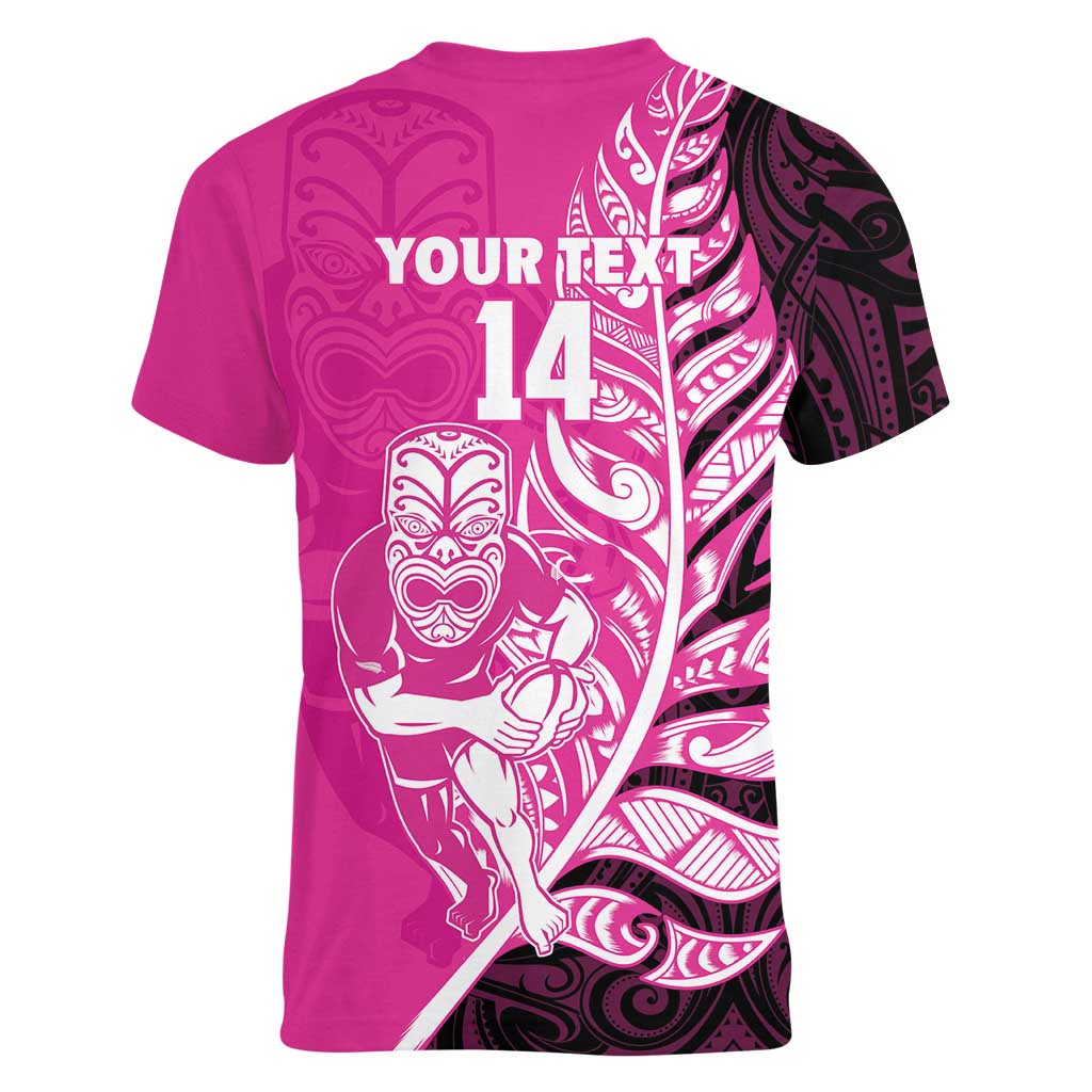 New Zealand Silver Fern Rugby Custom Women V-Neck T-Shirt All Black Maori Pattern Pink - Polynesian Pride