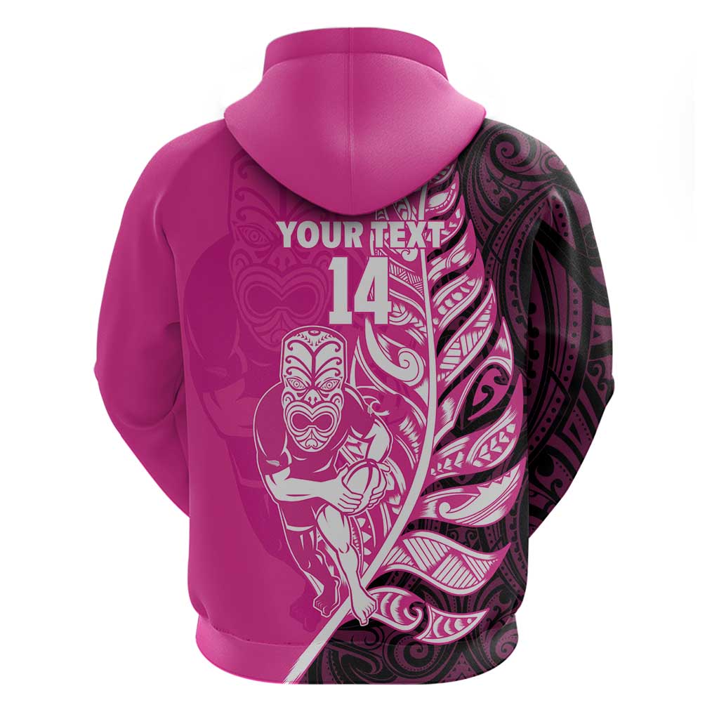 New Zealand Silver Fern Rugby Custom Zip Hoodie All Black Maori Pattern Pink - Polynesian Pride