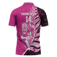 New Zealand Silver Fern Rugby Custom Zipper Polo Shirt All Black Maori Pattern Pink - Polynesian Pride