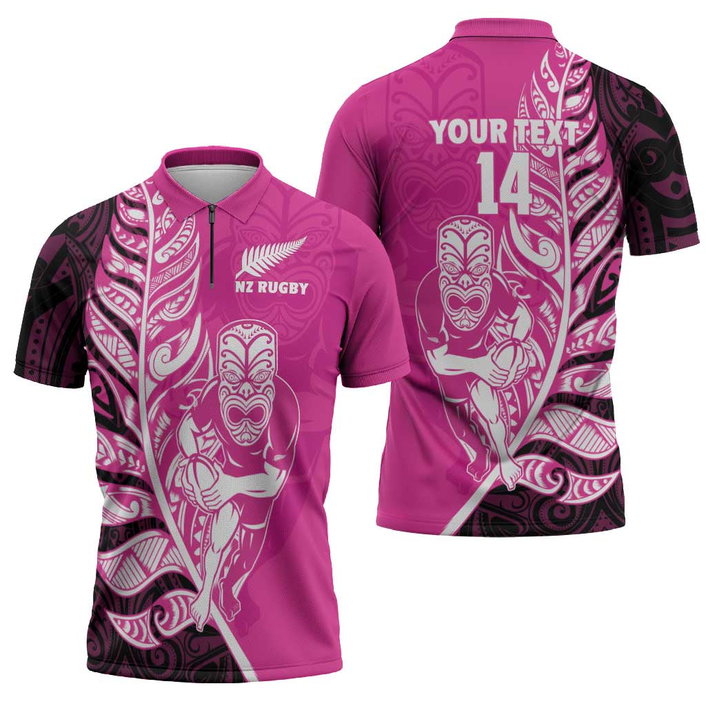 New Zealand Silver Fern Rugby Custom Zipper Polo Shirt All Black Maori Pattern Pink - Polynesian Pride