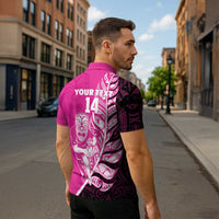 New Zealand Silver Fern Rugby Custom Zipper Polo Shirt All Black Maori Pattern Pink - Polynesian Pride