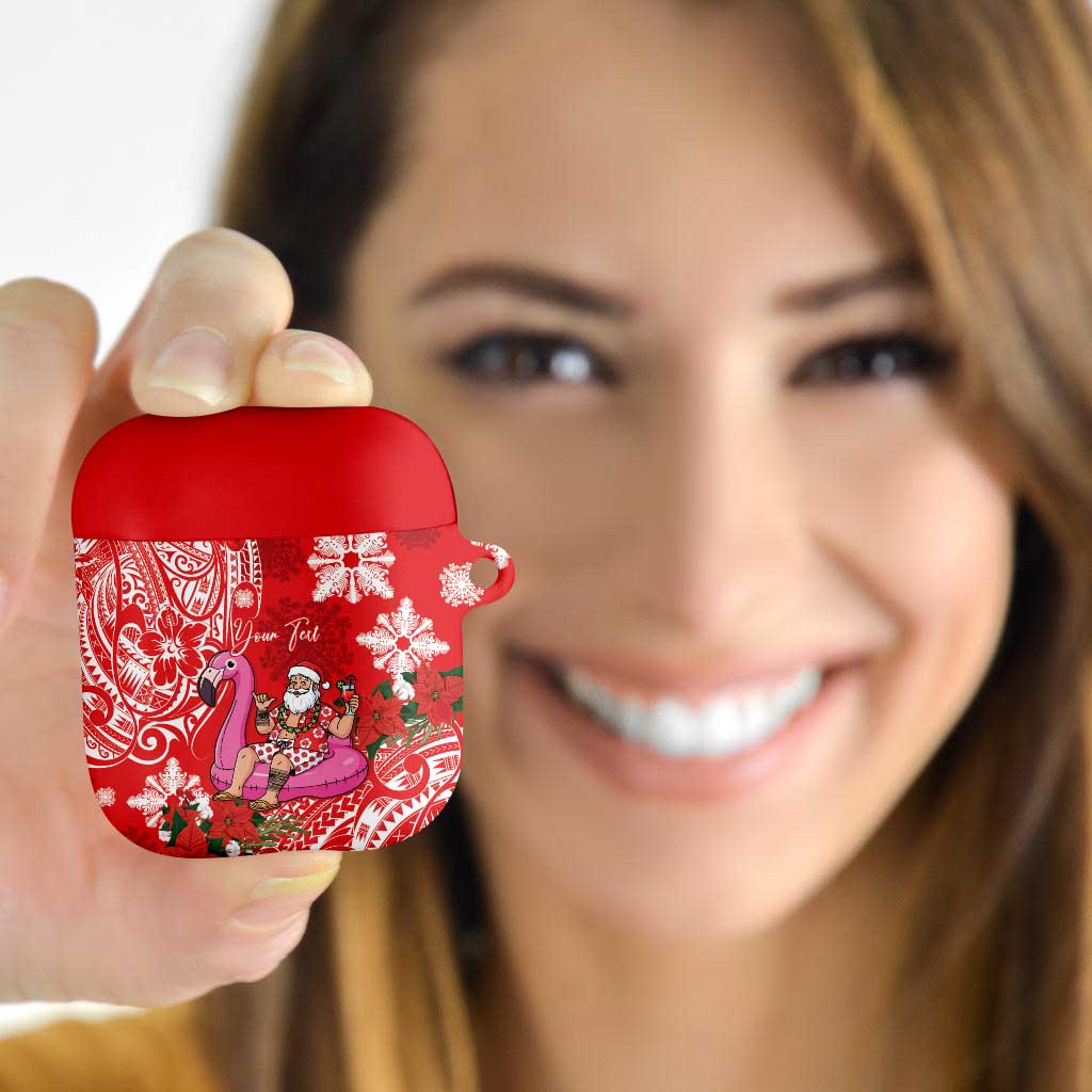 Personalized Hawaii Christmas AirPods Case Mele Kalikimaka Chilling Shaka Santa Flamingo LT14 Red - Polynesian Pride