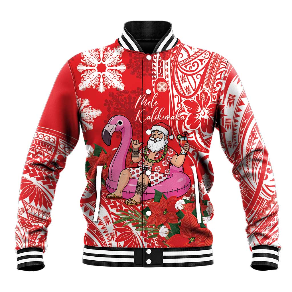 Personalized Hawaii Christmas Baseball Jacket Mele Kalikimaka Chilling Shaka Santa Flamingo LT14 Unisex Red - Polynesian Pride