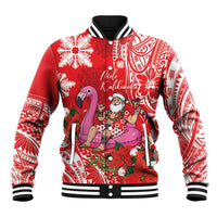 Personalized Hawaii Christmas Baseball Jacket Mele Kalikimaka Chilling Shaka Santa Flamingo LT14 Unisex Red - Polynesian Pride