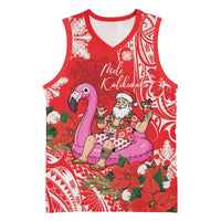 Personalized Hawaii Christmas Basketball Jersey Mele Kalikimaka Chilling Shaka Santa Flamingo LT14 Unisex Red - Polynesian Pride
