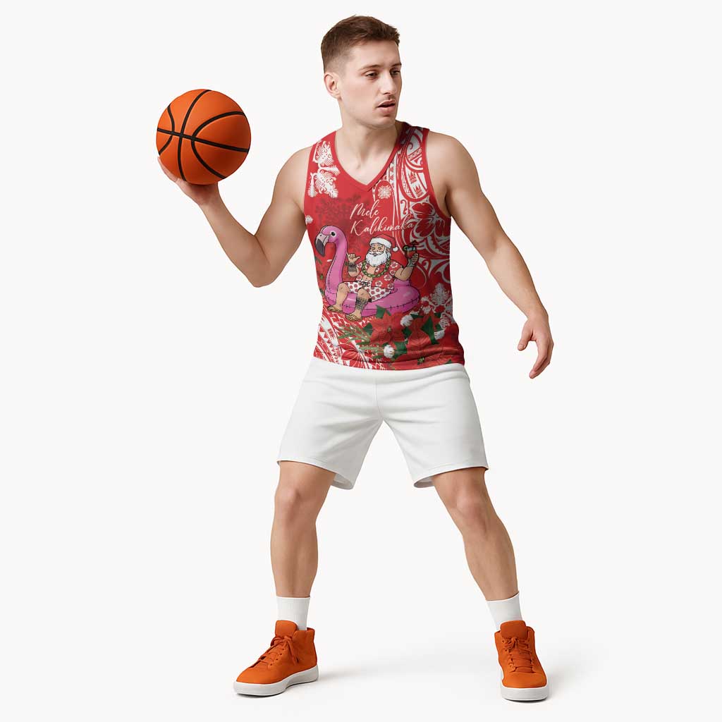 Personalized Hawaii Christmas Basketball Jersey Mele Kalikimaka Chilling Shaka Santa Flamingo LT14 - Polynesian Pride