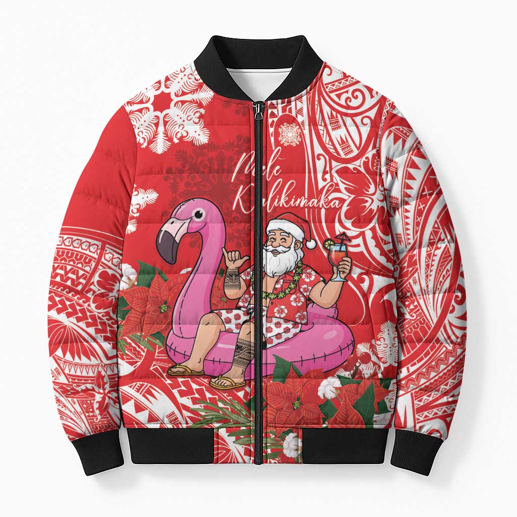 Personalized Hawaii Christmas Bomber Puffer Jacket Mele Kalikimaka Chilling Shaka Santa Flamingo - Polynesian Pride