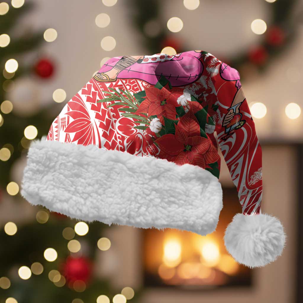 Personalized Hawaii Christmas Santa Hat Mele Kalikimaka Chilling Shaka Santa Flamingo LT14 With Fur Red - Polynesian Pride