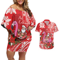 Personalized Hawaii Christmas Couples Matching Off Shoulder Short Dress and Hawaiian Shirt Mele Kalikimaka Chilling Shaka Santa Flamingo - Polynesian Pride