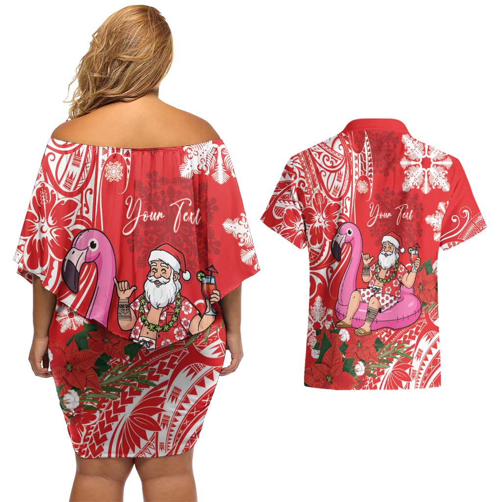 Personalized Hawaii Christmas Couples Matching Off Shoulder Short Dress and Hawaiian Shirt Mele Kalikimaka Chilling Shaka Santa Flamingo - Polynesian Pride