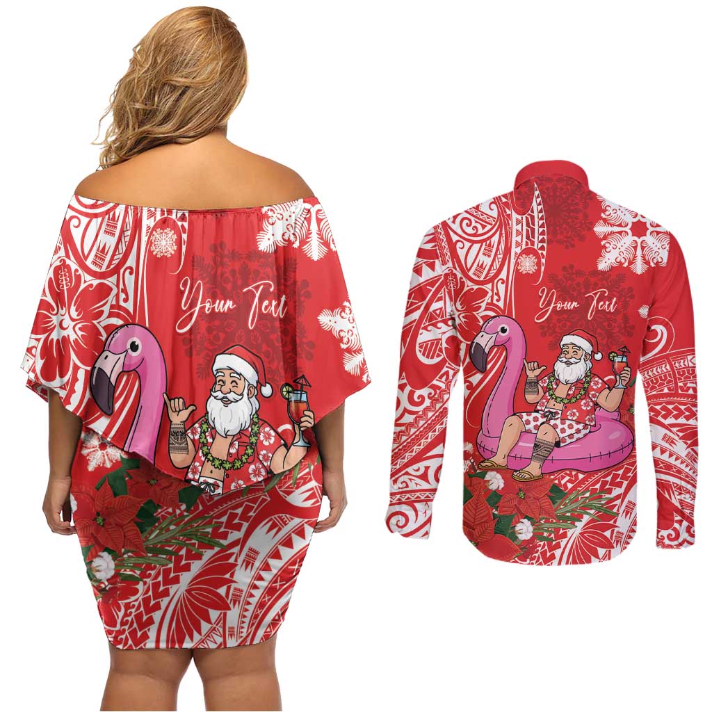 Personalized Hawaii Christmas Couples Matching Off Shoulder Short Dress and Long Sleeve Button Shirt Mele Kalikimaka Chilling Shaka Santa Flamingo - Polynesian Pride