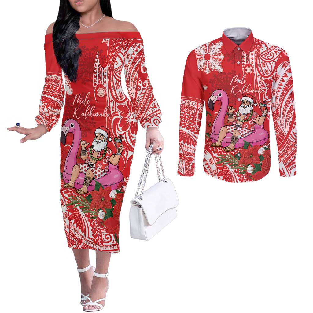 Personalized Hawaii Christmas Couples Matching Off The Shoulder Long Sleeve Dress and Long Sleeve Button Shirt Mele Kalikimaka Chilling Shaka Santa Flamingo - Polynesian Pride