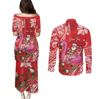 Personalized Hawaii Christmas Couples Matching Puletasi and Long Sleeve Button Shirt Mele Kalikimaka Chilling Shaka Santa Flamingo - Polynesian Pride