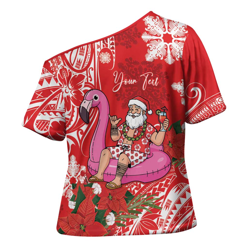Personalized Hawaii Christmas Cross Shoulder Shirt Mele Kalikimaka Chilling Shaka Santa Flamingo - Polynesian Pride