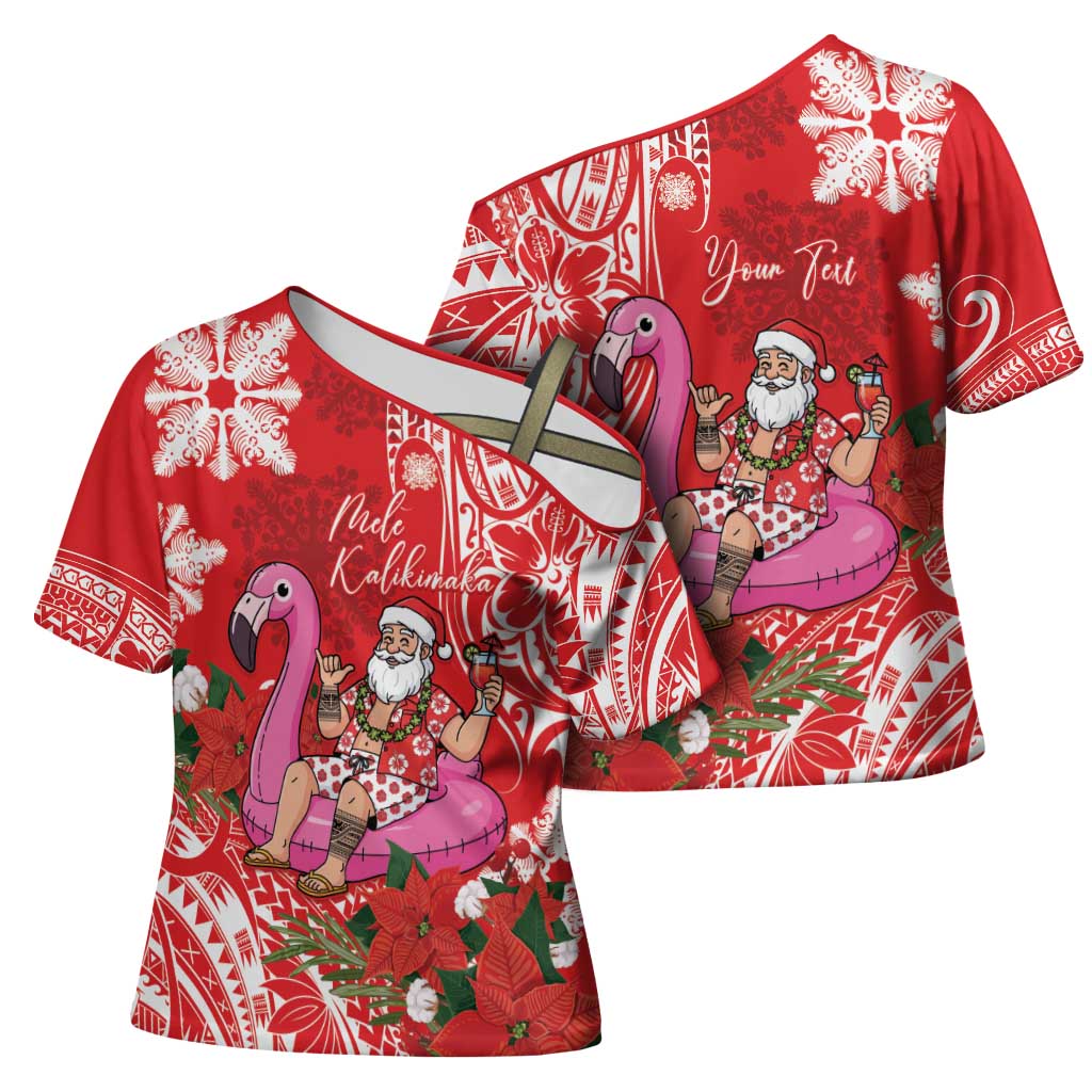 Personalized Hawaii Christmas Cross Shoulder Shirt Mele Kalikimaka Chilling Shaka Santa Flamingo - Polynesian Pride