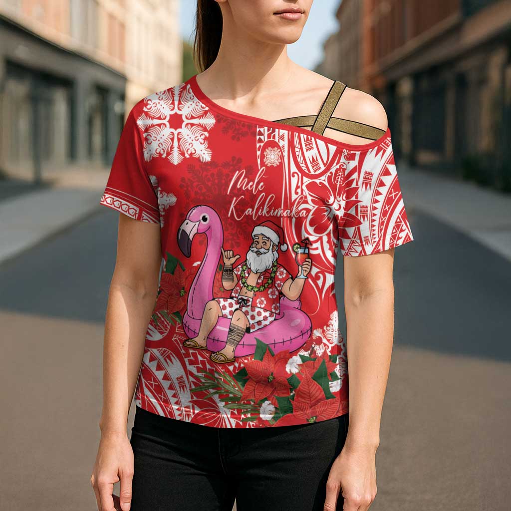 Personalized Hawaii Christmas Cross Shoulder Shirt Mele Kalikimaka Chilling Shaka Santa Flamingo - Polynesian Pride