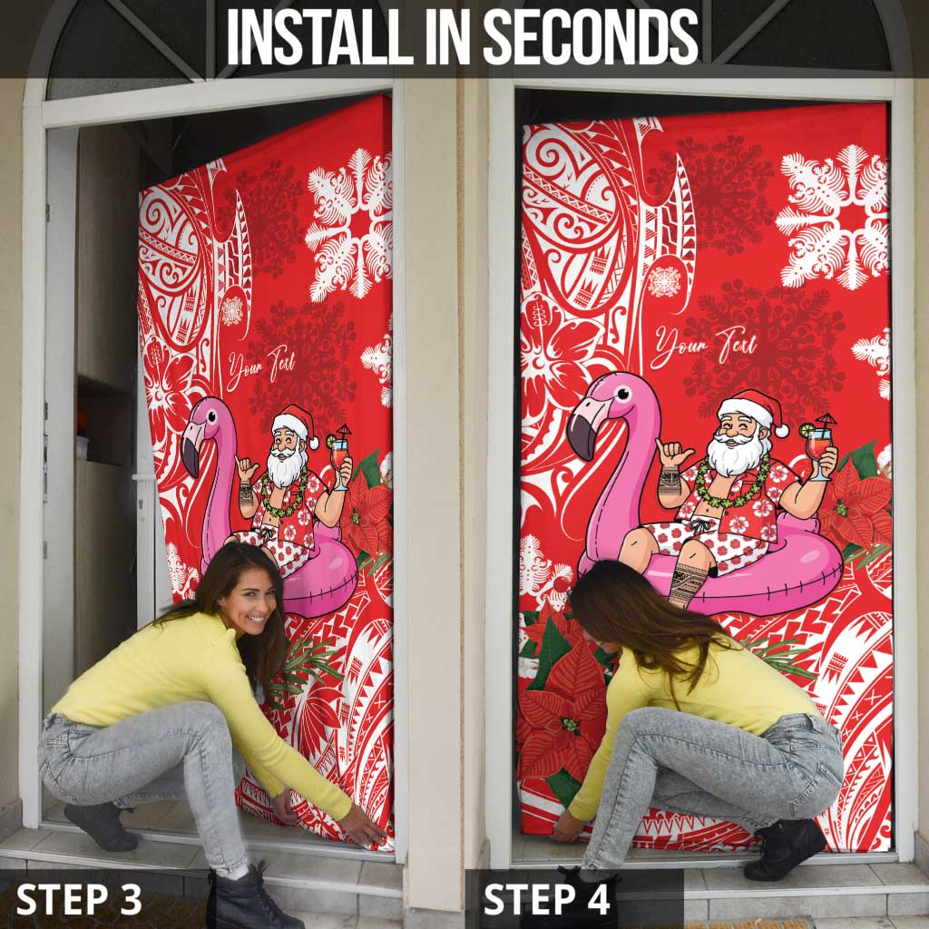 Personalized Hawaii Christmas Door Cover Mele Kalikimaka Chilling Shaka Santa Flamingo - Polynesian Pride